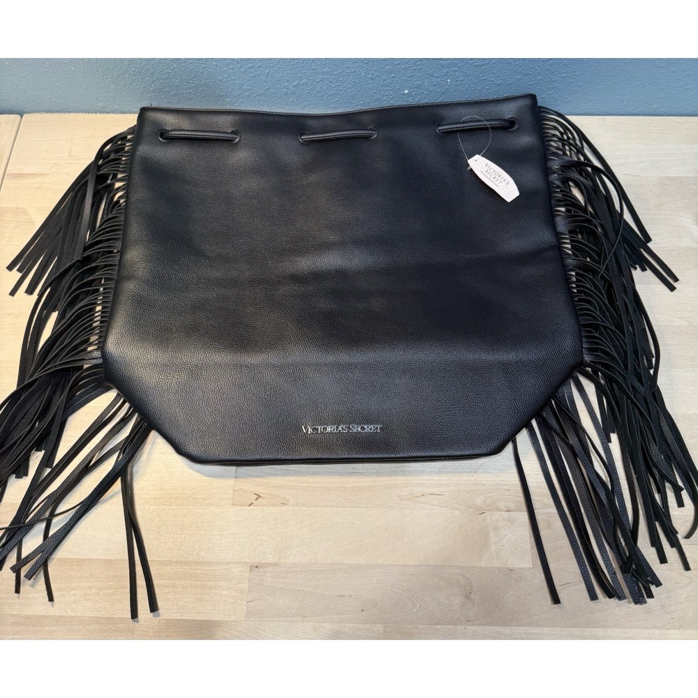 Victoria's Secret Drawstring Bag Fringe Backpack Black Faux Leather Sack NWT - Picture 2 of 11